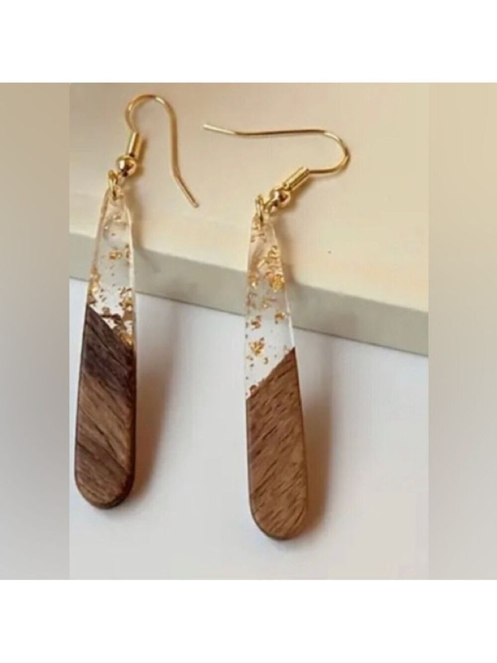 Wood Clear Gold Resin Two Tone Teardrop Dangle Earrings Boho - Picture 1 of 5